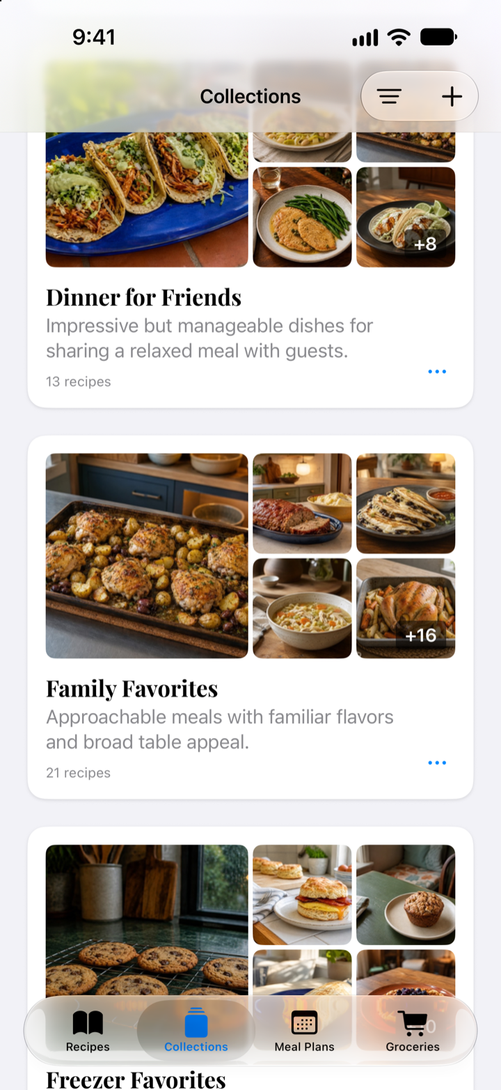 Mealbench Collections on iPhone, including Dinner for Friends and Family Favorites
