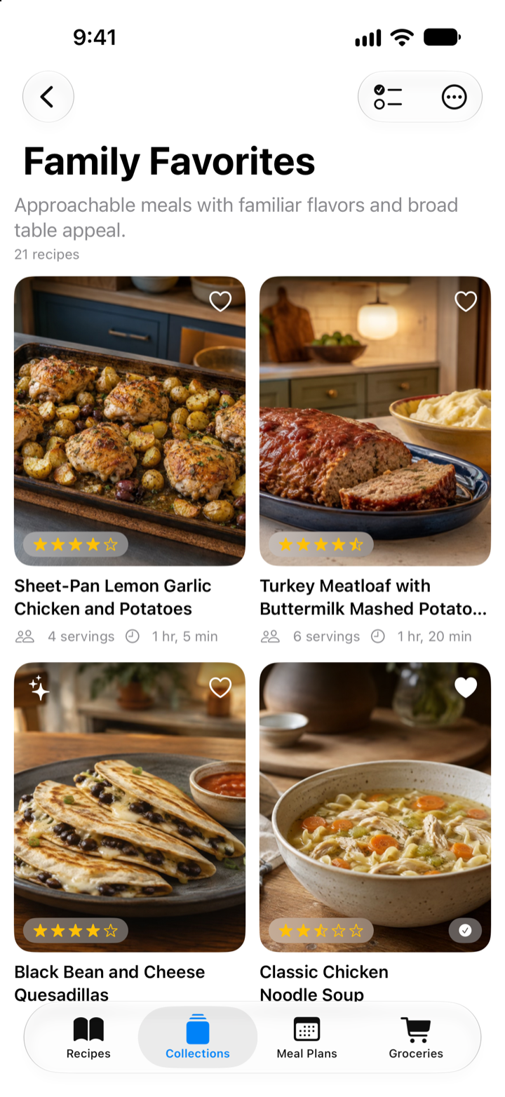 A Family Favorites collection in Mealbench on iPhone