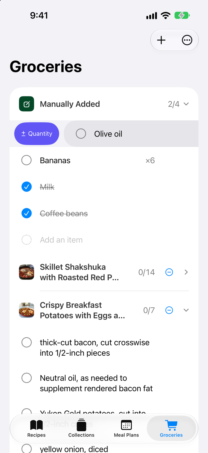 Mealbench groceries on iPhone with olive oil, bananas, checked items, recipe groups, and a quantity action