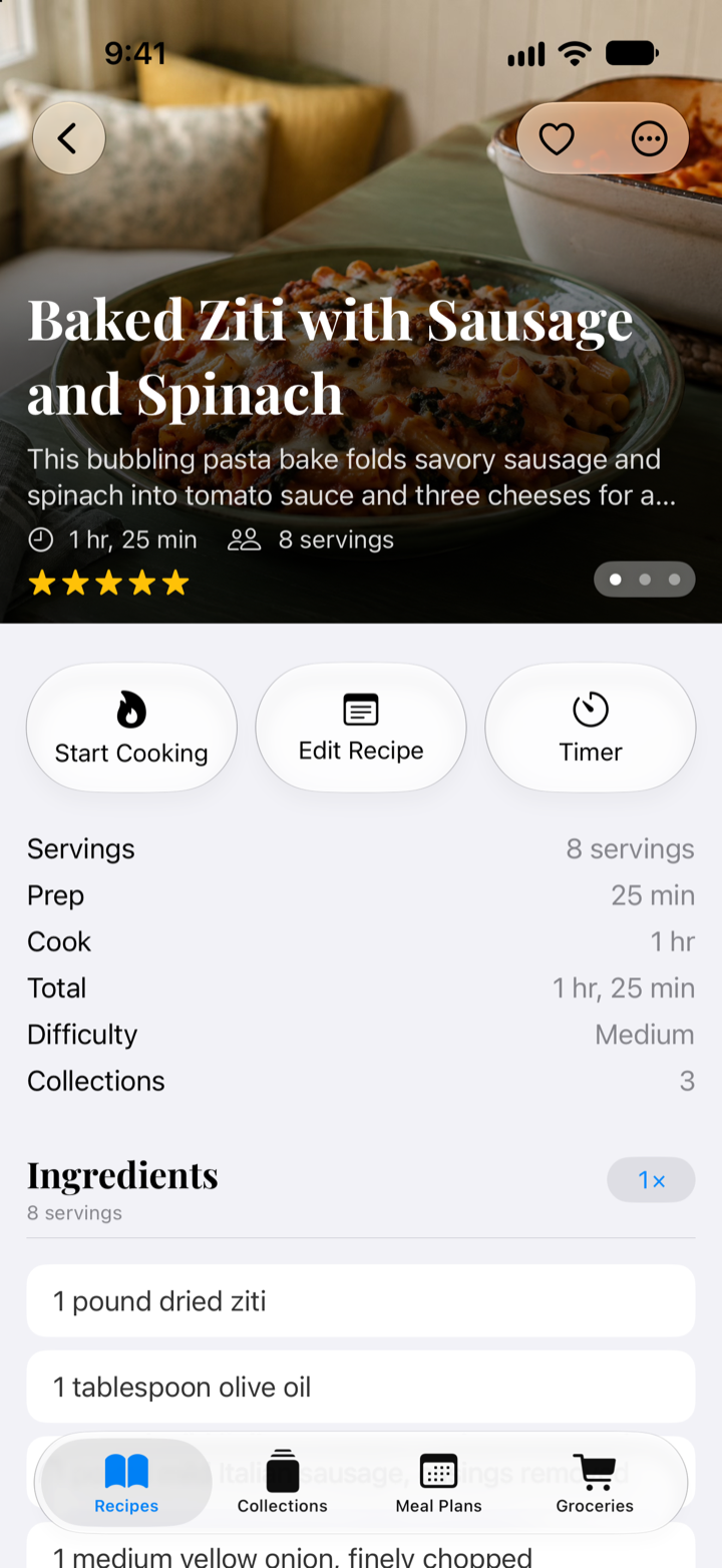 Baked ziti recipe in Mealbench for iPhone, with a food photo and cooking details