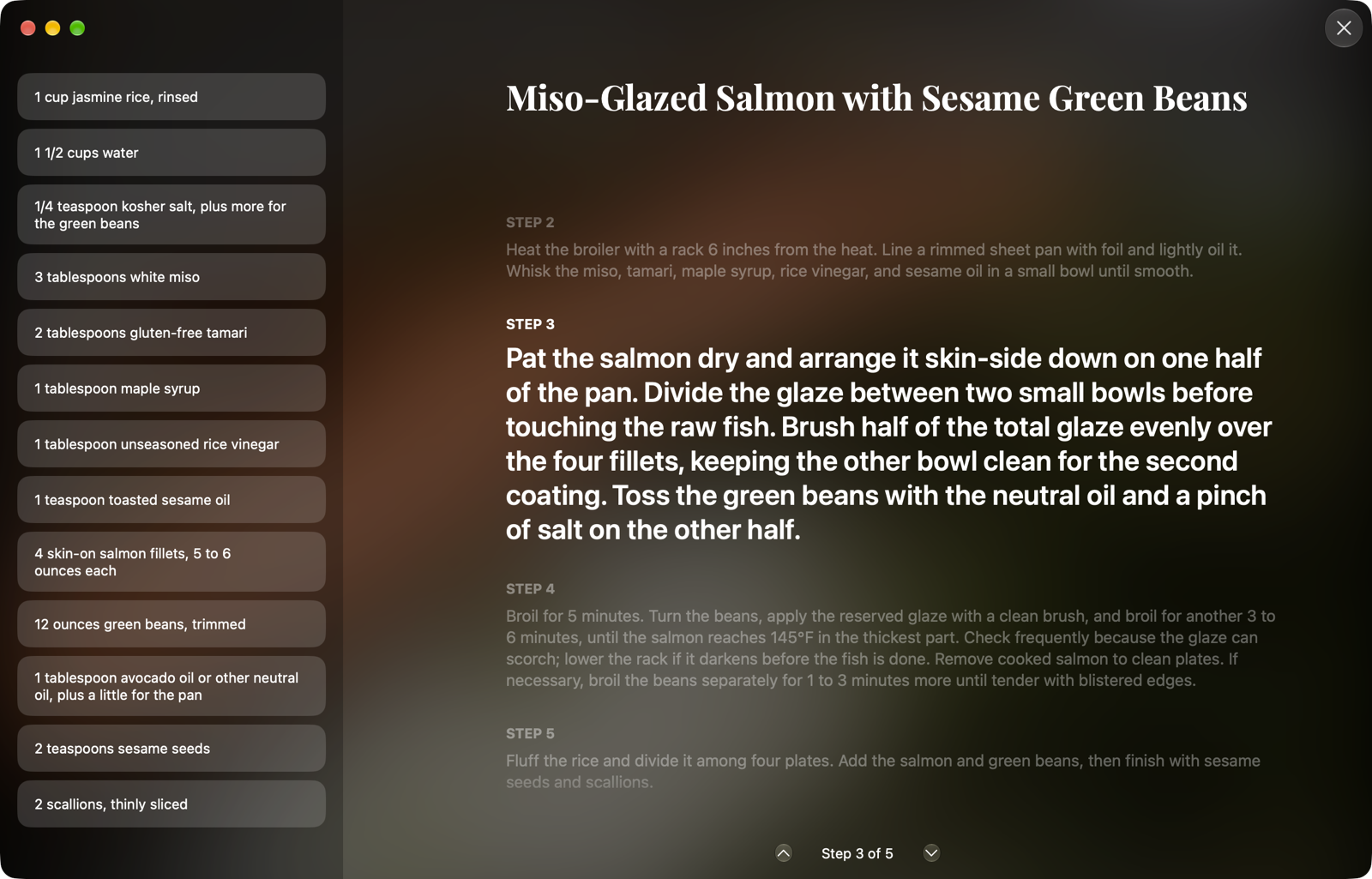 Focused Mealbench cooking mode on Mac with the current recipe step and ingredients