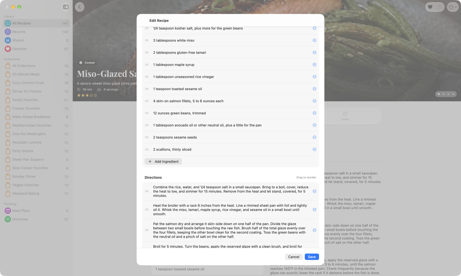 Mealbench recipe editor on Mac showing editable ingredients and directions
