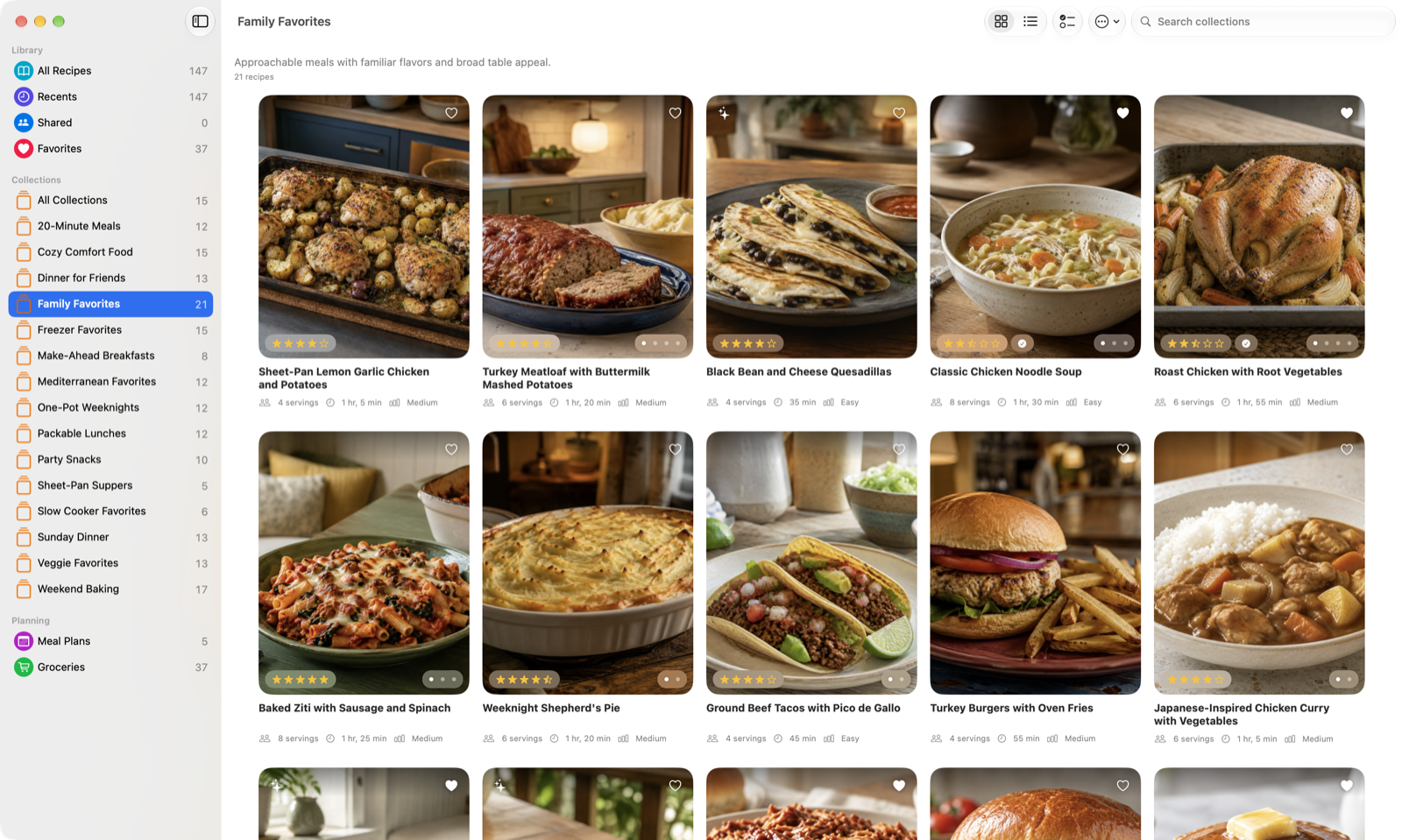 Family Favorites collection in Mealbench for Mac, with named recipes and food photography