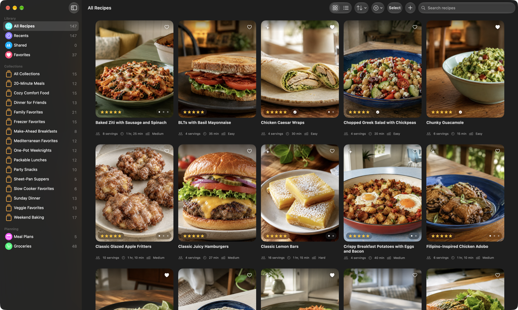 Mealbench on Mac showing a native recipe library with food photography, collections, sorting, and search
