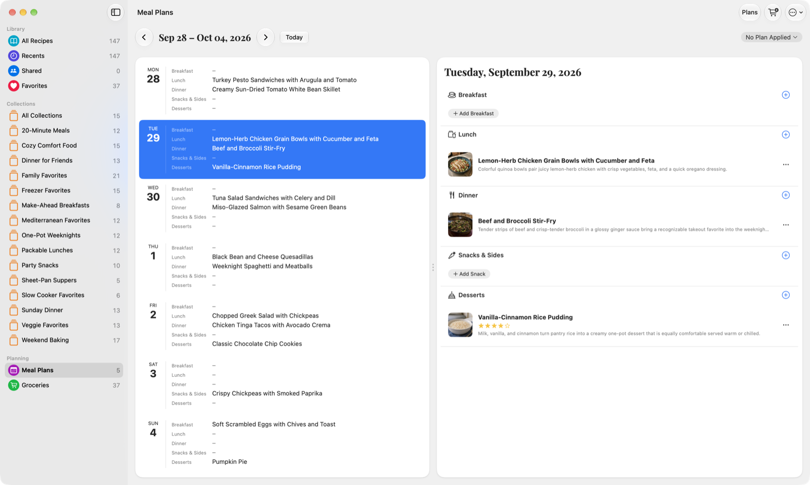 Mealbench Mac meal planner showing a populated week and Tuesday's lunch, dinner, and dessert