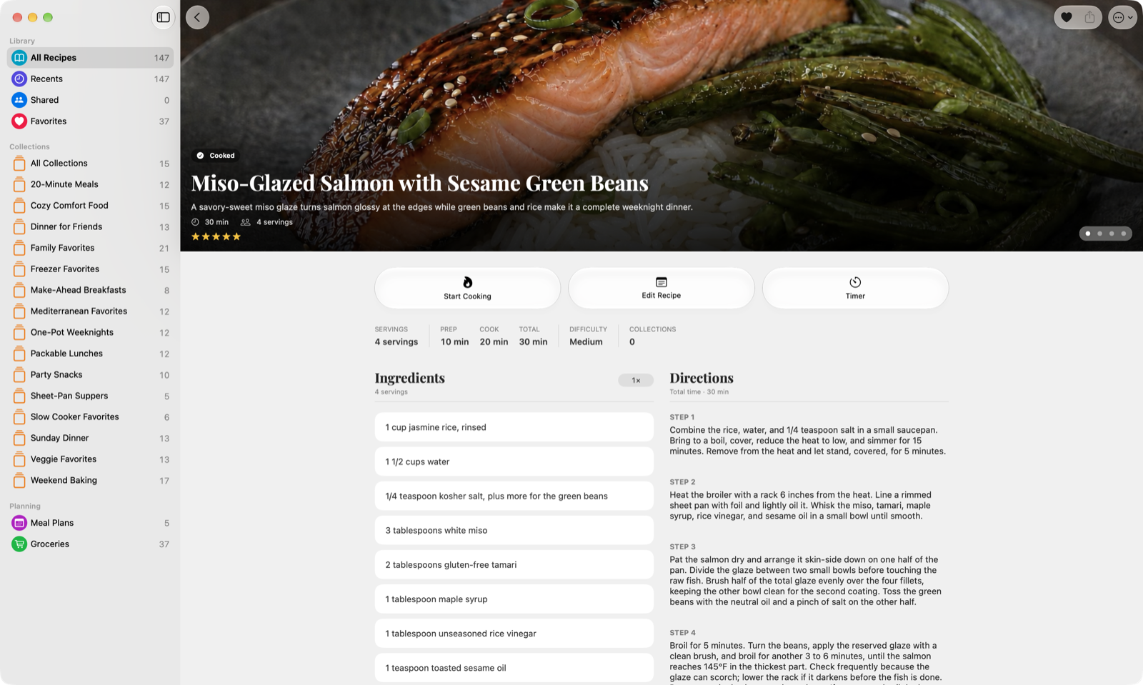 Miso-Glazed Salmon recipe in Mealbench for Mac, with ingredients, directions, and a Start Cooking button