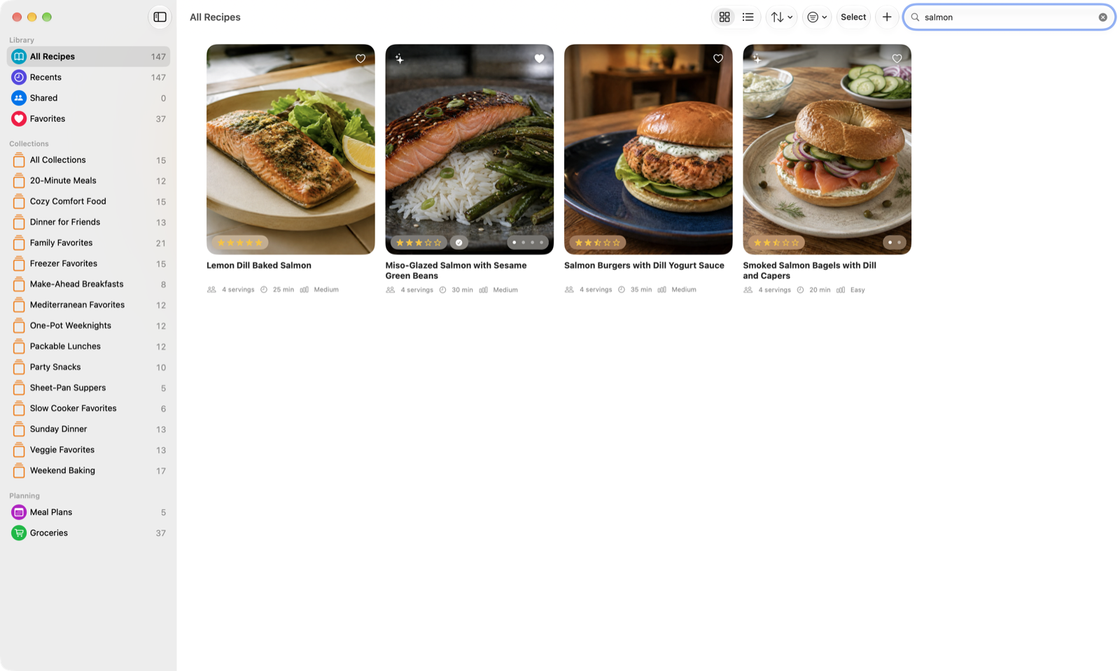 Mealbench for Mac showing search results for salmon recipes