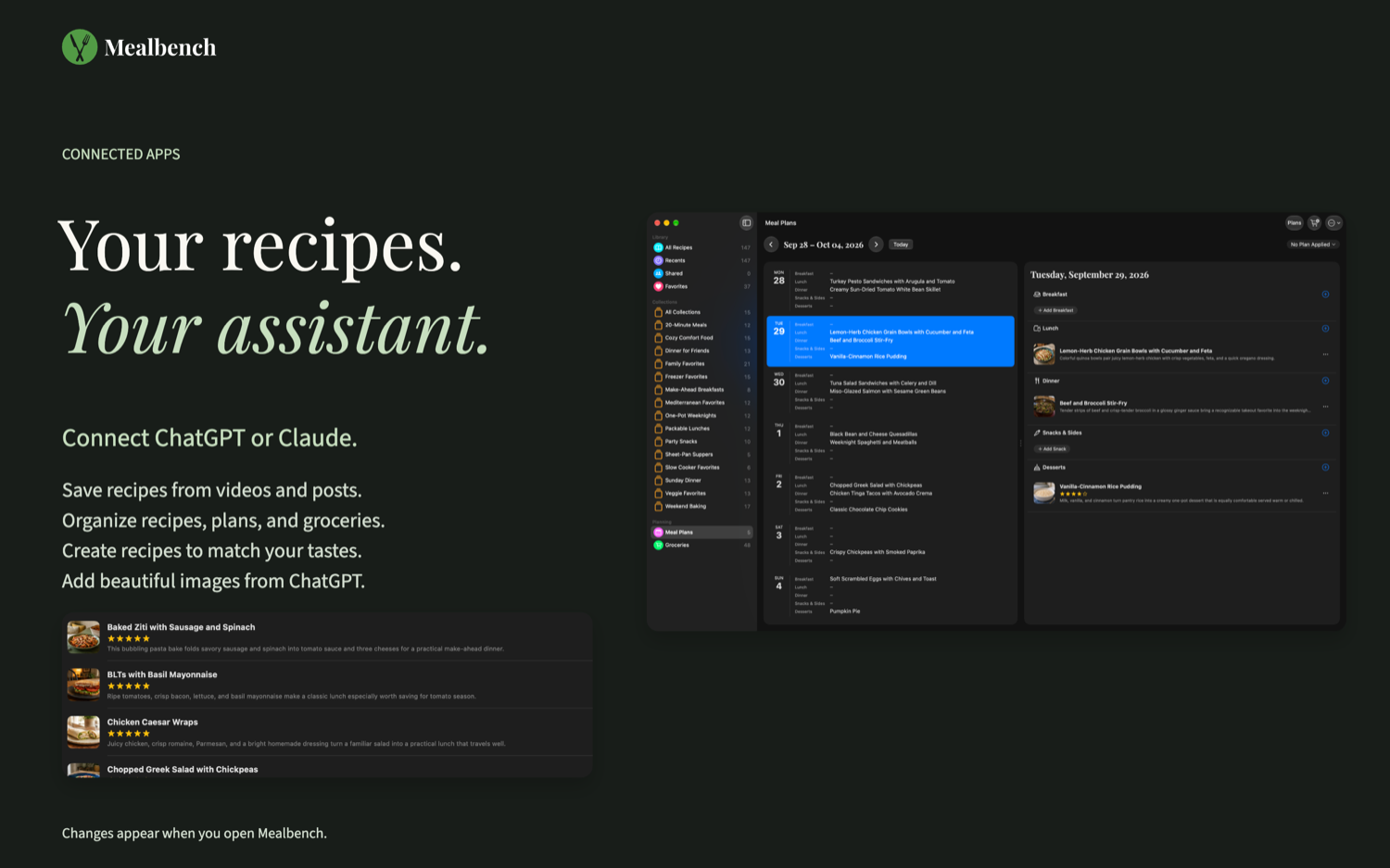 Mealbench connected apps campaign showing a native Mac meal plan and ways to work with ChatGPT or Claude